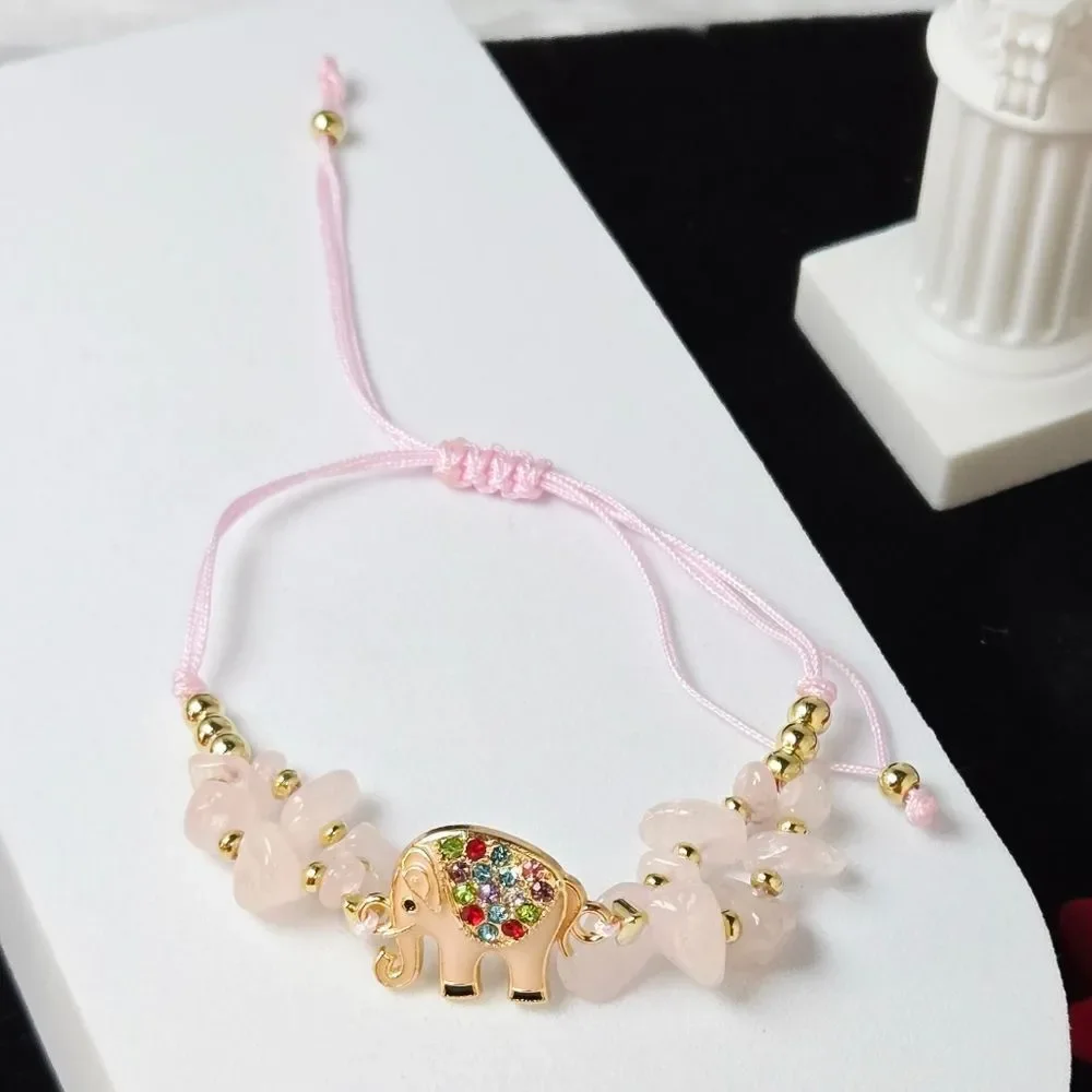 Rose Quartz Crystal Beaded Elephant Bracelet Adjustable String Gold Enamel Charm